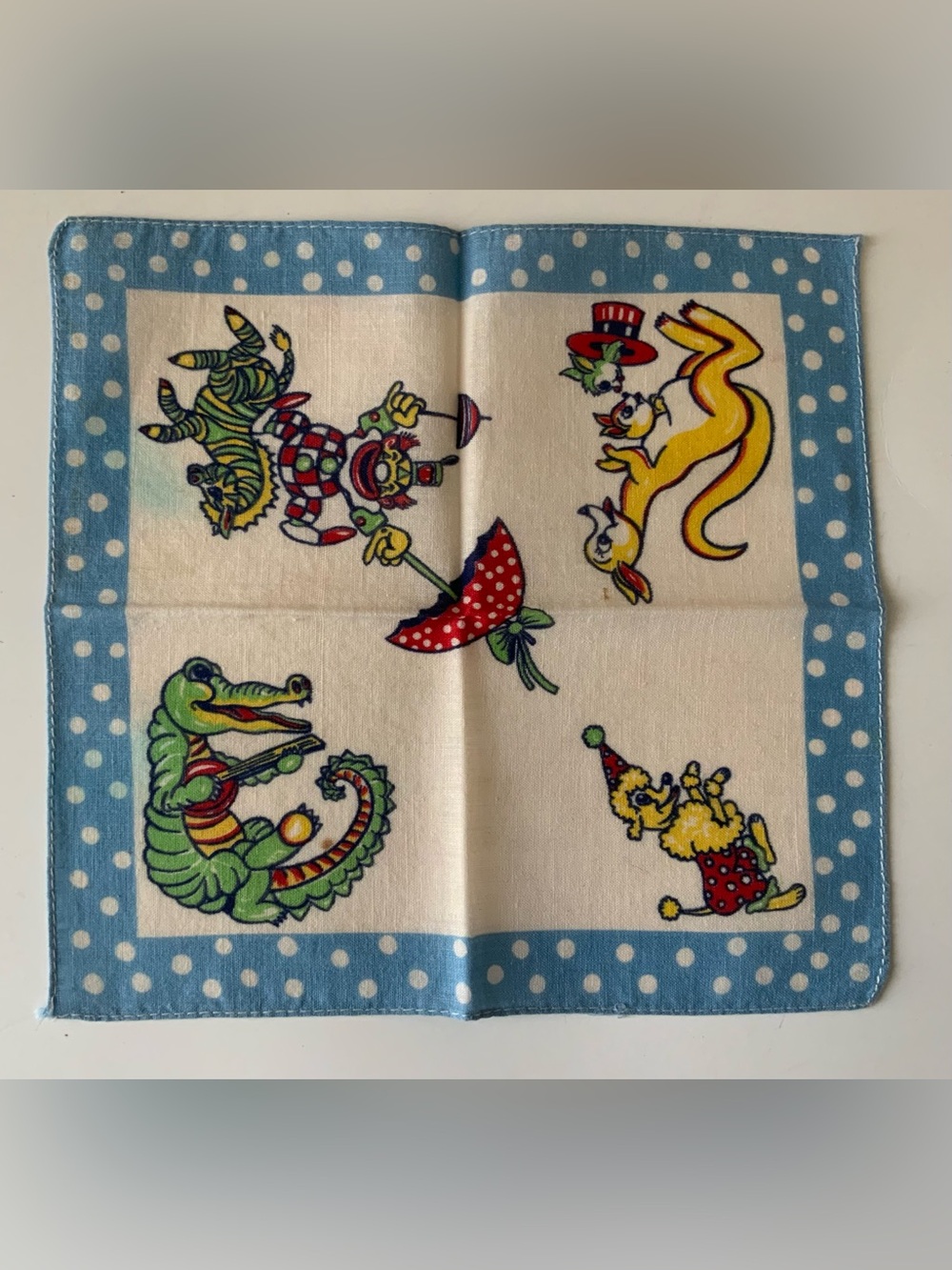 Vintage Circus Animal Handkerchief - Polka Dot Border, Bright Primary Colors